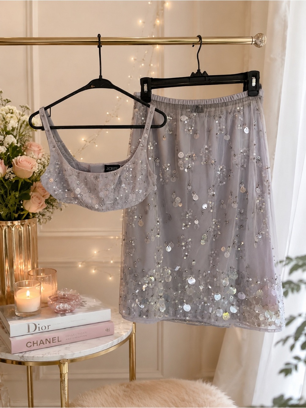 NWT! J. Crew Collection Flower-Sequin Midi Skirt, Silver XS - Picture 3 of 4